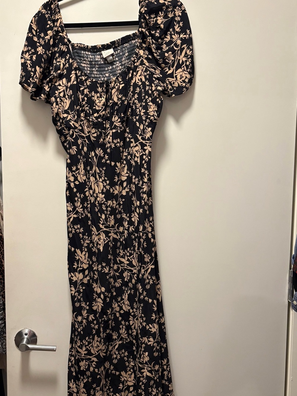 a new day Black and Beige Floral Midi Dress with Puff Sleeves
